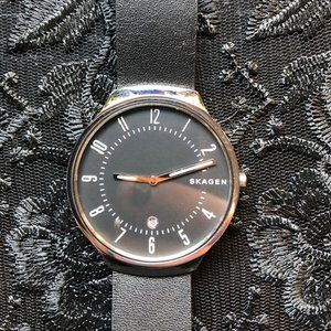 Skagen Mens Grenen Black Leather Strap Watch 38mm